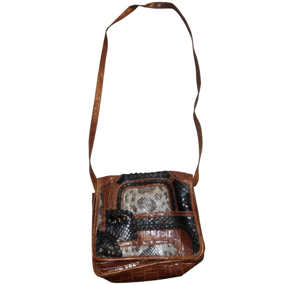 Carlos Falchi Vintage‎ Patchwork Snakeskin Crocodile Leather Crossbody Bag Brown